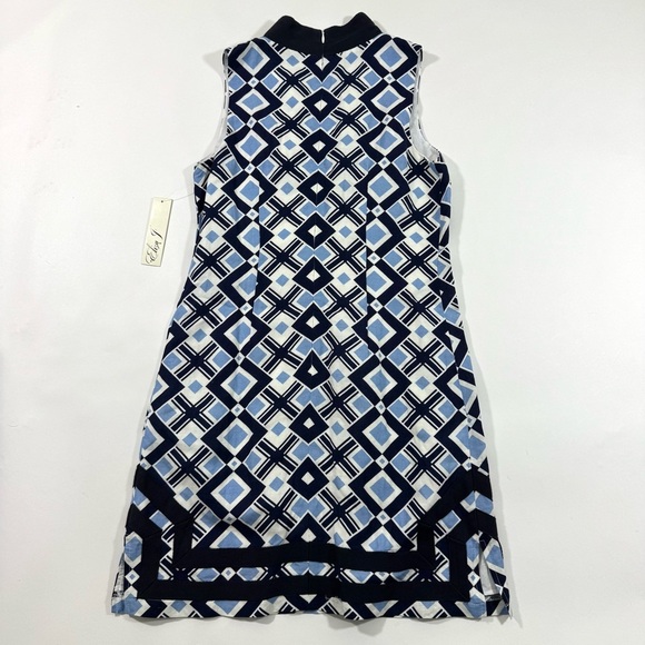 New Eliza J Linen Blend Dress Blue Geometric Print - Picture 2 of 6